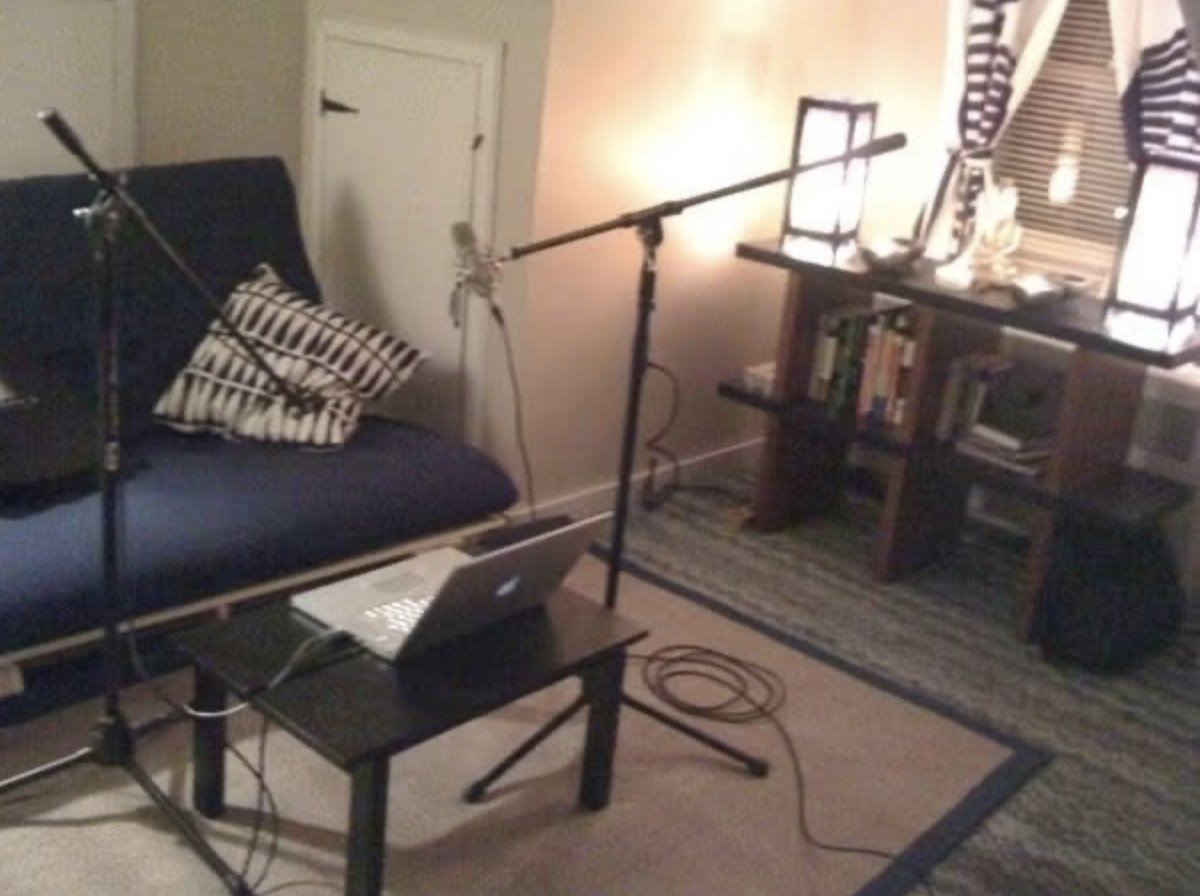 The home studio in South Allentown, PA, fall 2009: mic stands, laptop and lamps